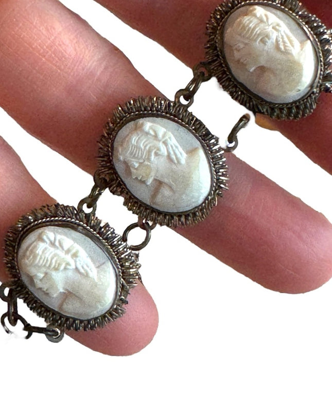 Stunning Antique 7” 800 Silver carved ahell CAMEO bracelet