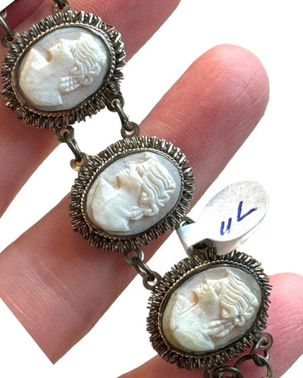 Stunning Antique 7” 800 Silver carved ahell CAMEO bracelet