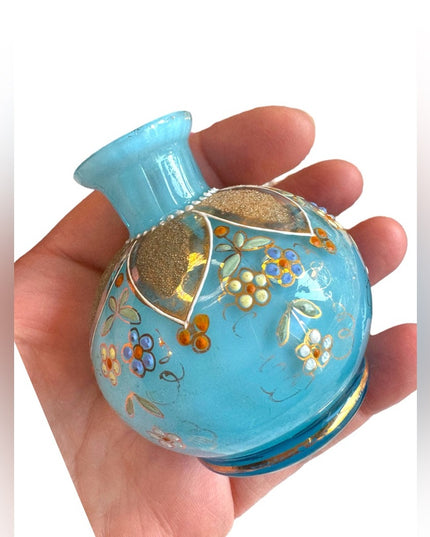 Antique Hand painted Blue Opaline French perfume bottle 4x3”