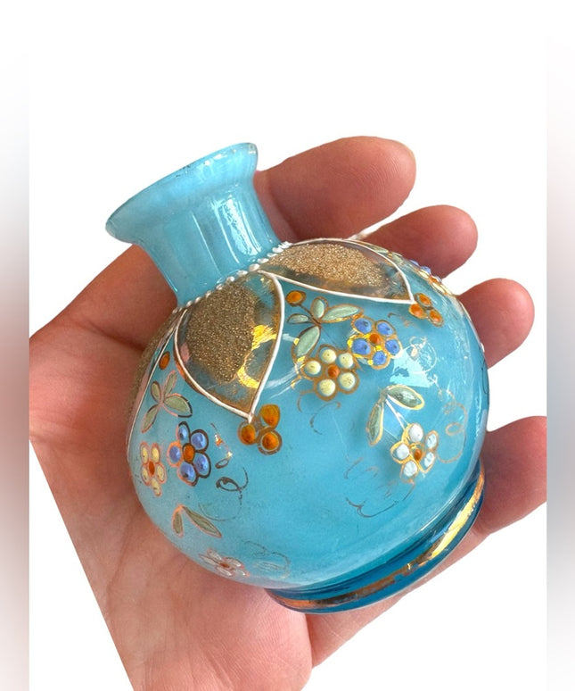 Antique Hand painted Blue Opaline French perfume bottle 4x3”