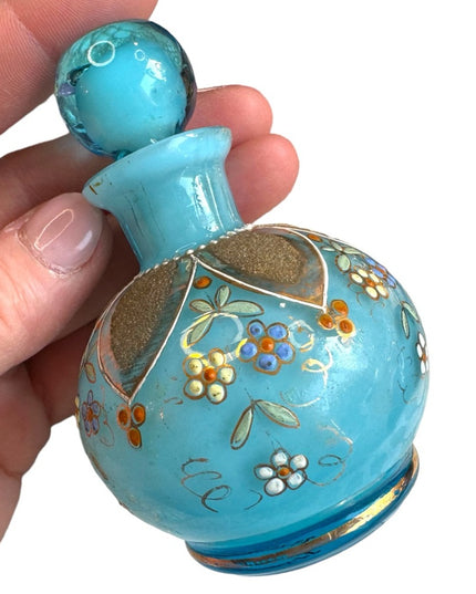 Antique Hand painted Blue Opaline French perfume bottle 4x3”