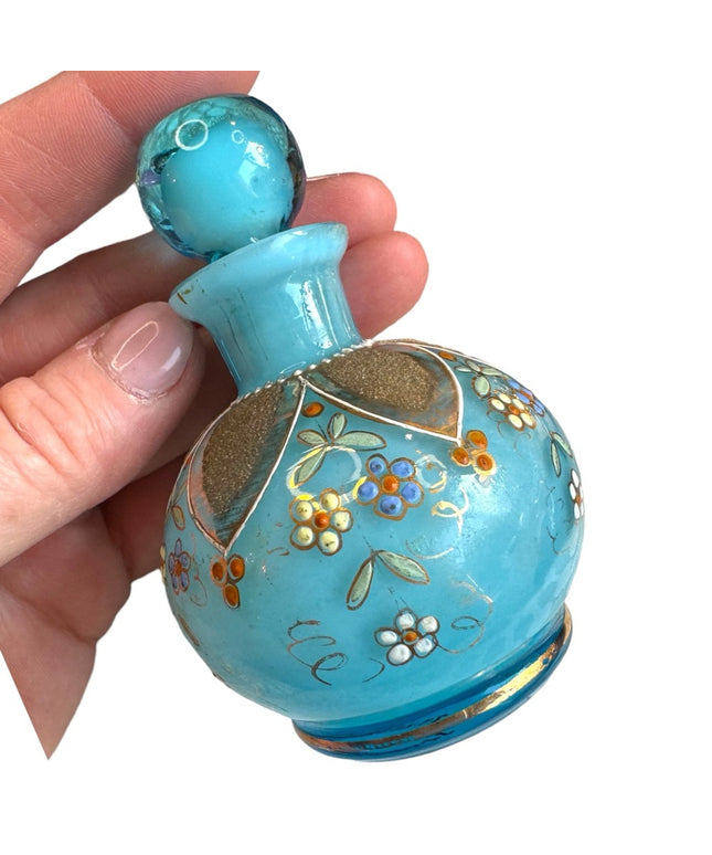 Antique Hand painted Blue Opaline French perfume bottle 4x3”