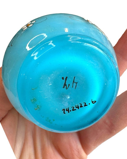 Antique Hand painted Blue Opaline French perfume bottle 4x3”