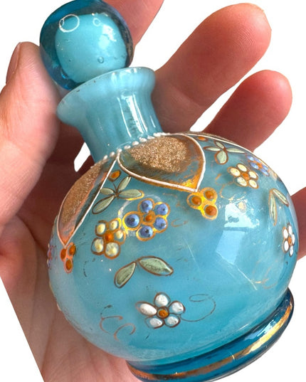 Antique Hand painted Blue Opaline French perfume bottle 4x3”