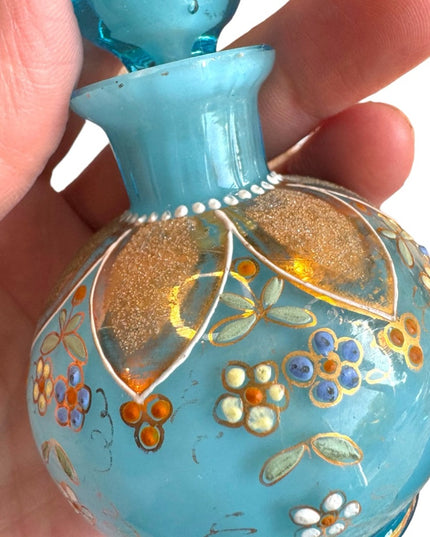Antique Hand painted Blue Opaline French perfume bottle 4x3”
