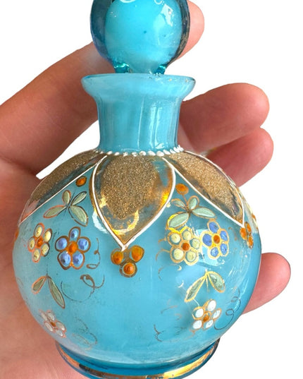 Antique Hand painted Blue Opaline French perfume bottle 4x3”