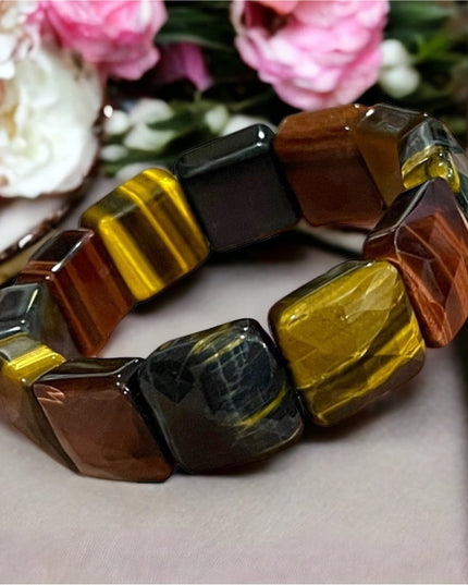 - Kalifano Multi color Heavy Faceted Tiger eye gemstone bangle stretchy br…