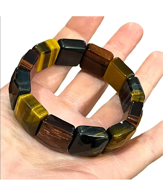 - Kalifano Multi color Heavy Faceted Tiger eye gemstone bangle stretchy br…