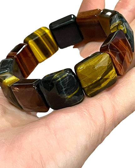 - Kalifano Multi color Heavy Faceted Tiger eye gemstone bangle stretchy br…