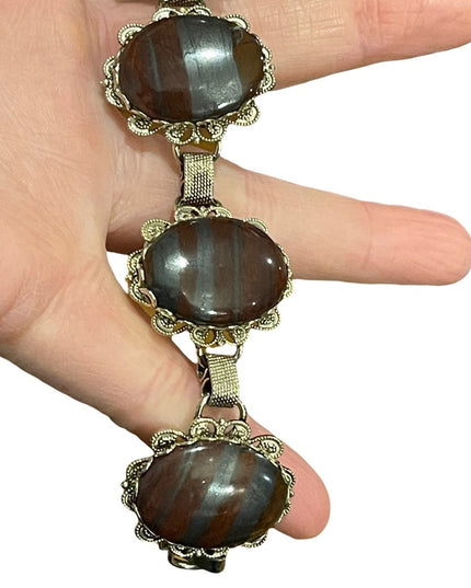 Vintage 1960s chunky silver tone Large link Red iron tiger eye ornate br…