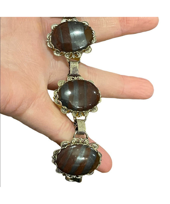 Vintage 1960s chunky silver tone Large link Red iron tiger eye ornate br…