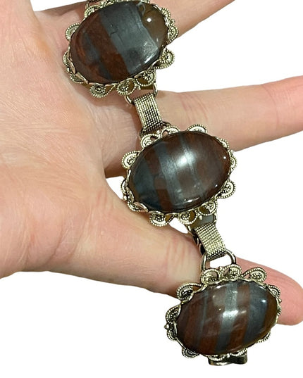 Vintage 1960s chunky silver tone Large link Red iron tiger eye ornate br…