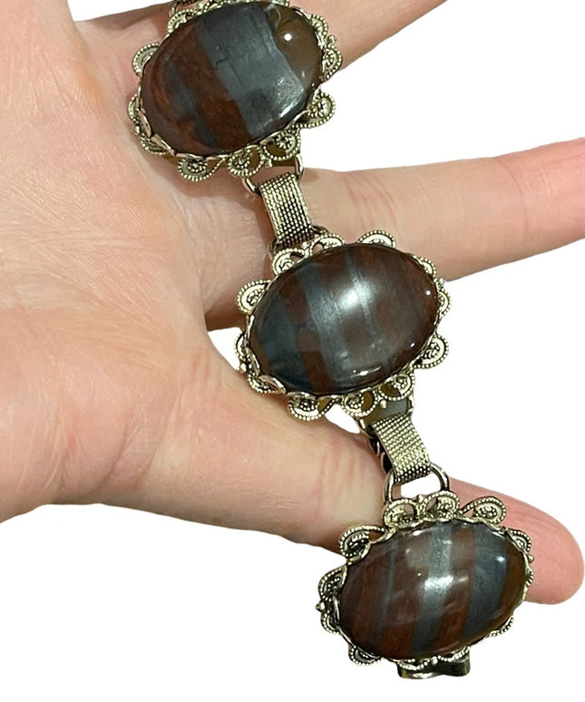 Vintage 1960s chunky silver tone Large link Red iron tiger eye ornate br…