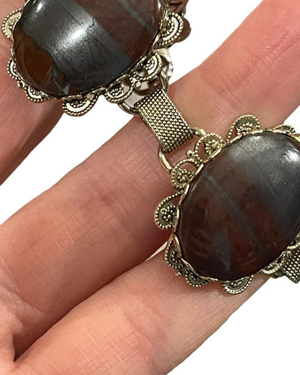 Vintage 1960s chunky silver tone Large link Red iron tiger eye ornate br…