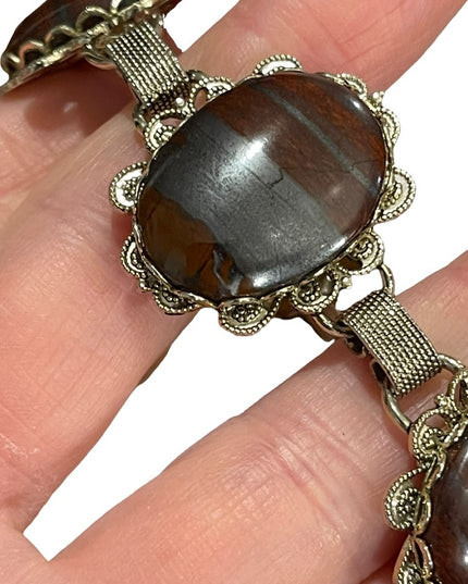 Vintage 1960s chunky silver tone Large link Red iron tiger eye ornate br…
