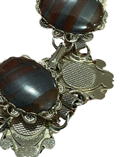 Vintage 1960s chunky silver tone Large link Red iron tiger eye ornate br…