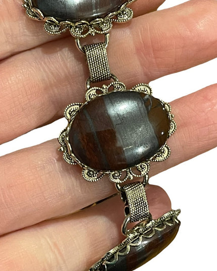 Vintage 1960s chunky silver tone Large link Red iron tiger eye ornate br…