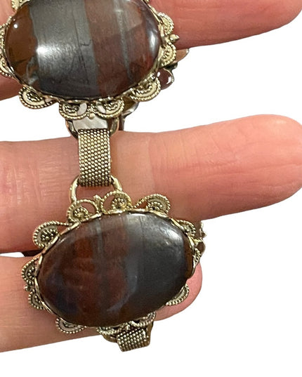 Vintage 1960s chunky silver tone Large link Red iron tiger eye ornate br…