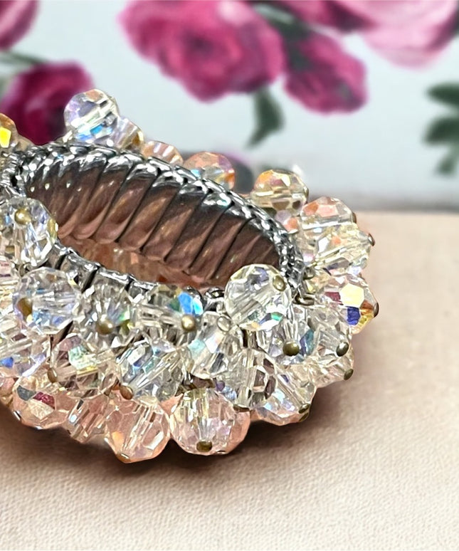 Vintage 1950s Clear AB crystal bead expansion bracelet silver finish cha…