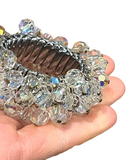 Vintage 1950s Clear AB crystal bead expansion bracelet silver finish cha…