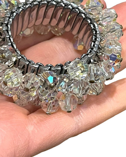 Vintage 1950s Clear AB crystal bead expansion bracelet silver finish cha…