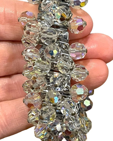 Vintage 1950s Clear AB crystal bead expansion bracelet silver finish cha…