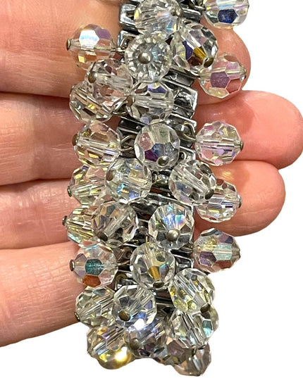 Vintage 1950s Clear AB crystal bead expansion bracelet silver finish cha…