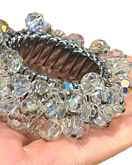 Vintage 1950s Clear AB crystal bead expansion bracelet silver finish cha…
