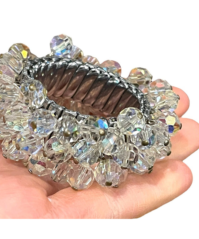 Vintage 1950s Clear AB crystal bead expansion bracelet silver finish cha…