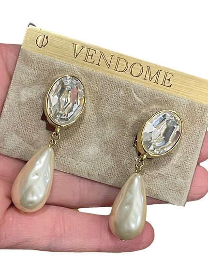- Vintage NEW old stock Vendome chunky crystal faux pearl dangle clip on e…