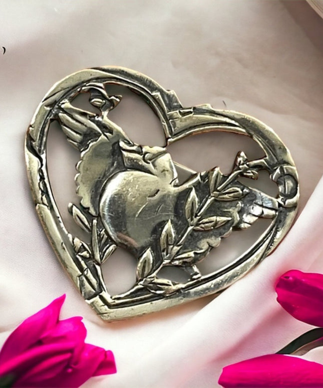 Vintage Coro Pegasus brooch sterling silver 925 Bird & heart etched 1950s