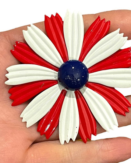 Vintage 1950s red white & blue large metal flower brooch