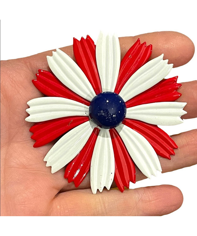 Vintage 1950s red white & blue large metal flower brooch