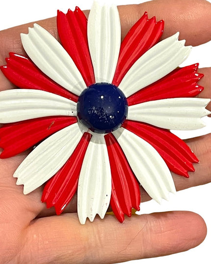Vintage 1950s red white & blue large metal flower brooch