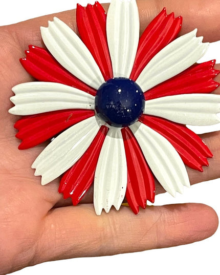 Vintage 1950s red white & blue large metal flower brooch