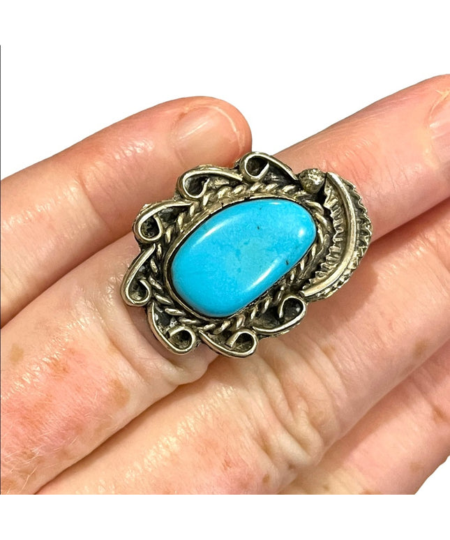 Vintage sterling silver 925 turquois ring Navajo fancy ornate
