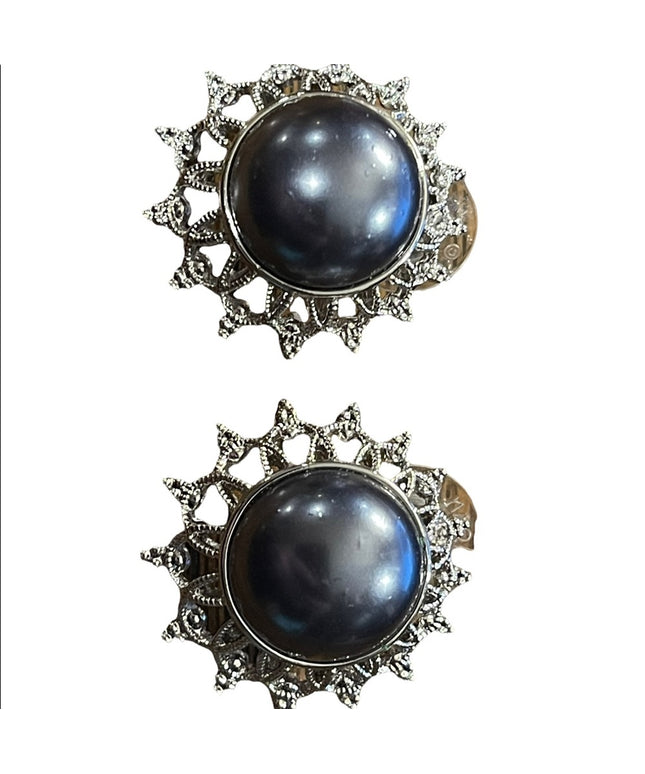Joan Rivers faux gray pearl silver finish round pierced earrings