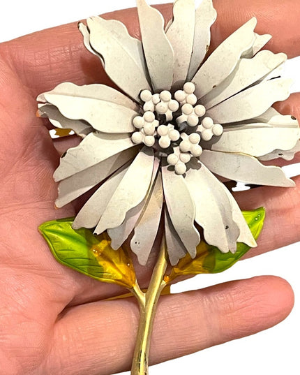 Vintage 1950s Large  Metal flower brooch pastel pink