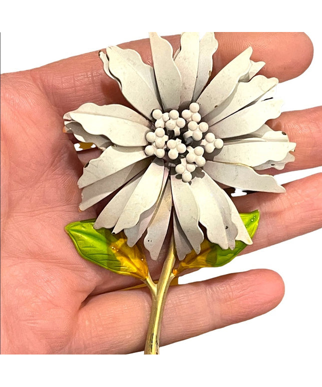 Vintage 1950s Large  Metal flower brooch pastel pink