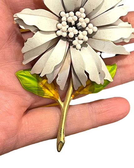 Vintage 1950s Large  Metal flower brooch pastel pink