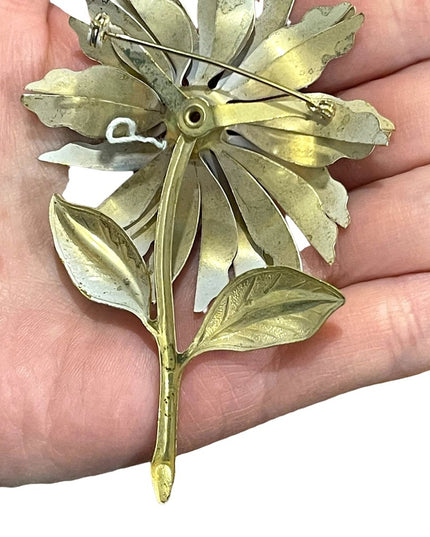 Vintage 1950s Large  Metal flower brooch pastel pink