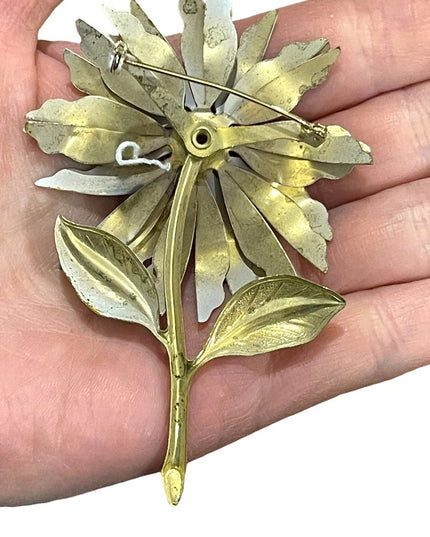 Vintage 1950s Large  Metal flower brooch pastel pink