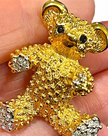 - Vintage 1980s Butler FAC gold finish crystal textured bear brooch
