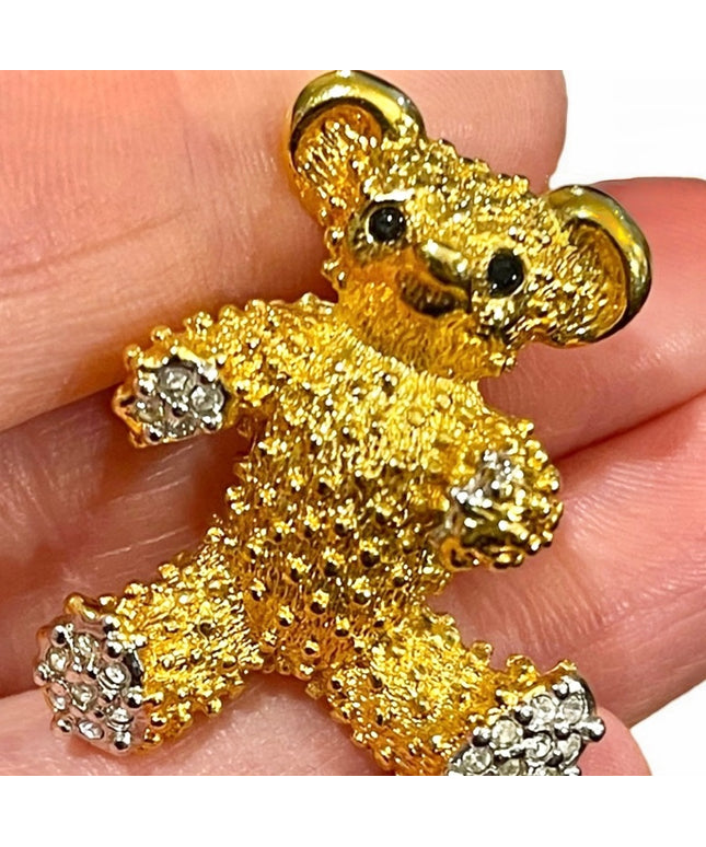 - Vintage 1980s Butler FAC gold finish crystal textured bear brooch