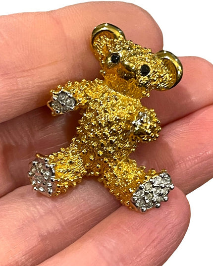 - Vintage 1980s Butler FAC gold finish crystal textured bear brooch