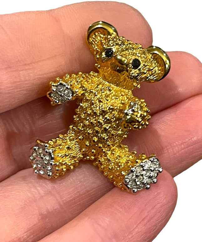 - Vintage 1980s Butler FAC gold finish crystal textured bear brooch