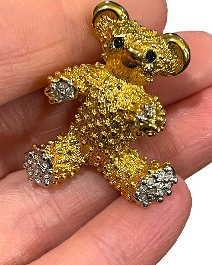 - Vintage 1980s Butler FAC gold finish crystal textured bear brooch