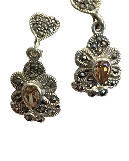 Sterling silver 925  citrine glass marcasite fancy dangle pierced earrin…