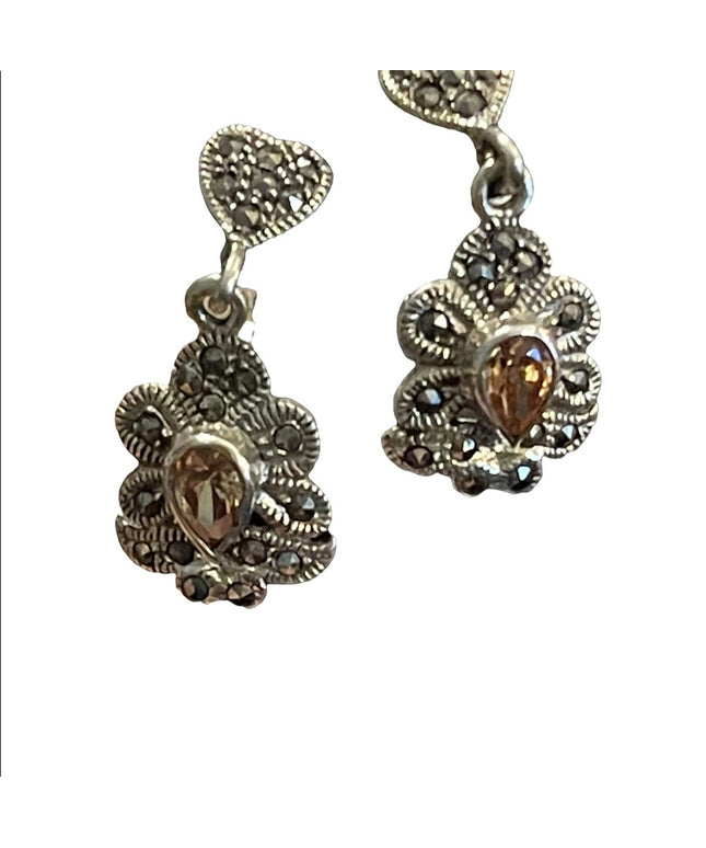 Sterling silver 925  citrine glass marcasite fancy dangle pierced earrin…