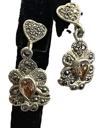 Sterling silver 925  citrine glass marcasite fancy dangle pierced earrin…